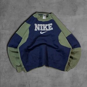 Y2K 2000s Oversized Crewneck Olive Navy Nike Streetwear Rework Style Sweater